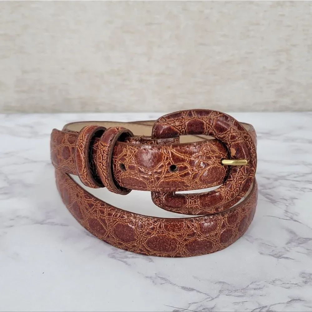 Vintage Textured Brown Croc Emnosses Animal Print Leather Belt